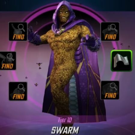 Swarm is wearing a purple cape in the picture.